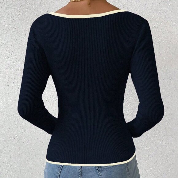 Royal Blue Casual Women's Color Block Trim Fitted Sweater - Picture 2 of 6